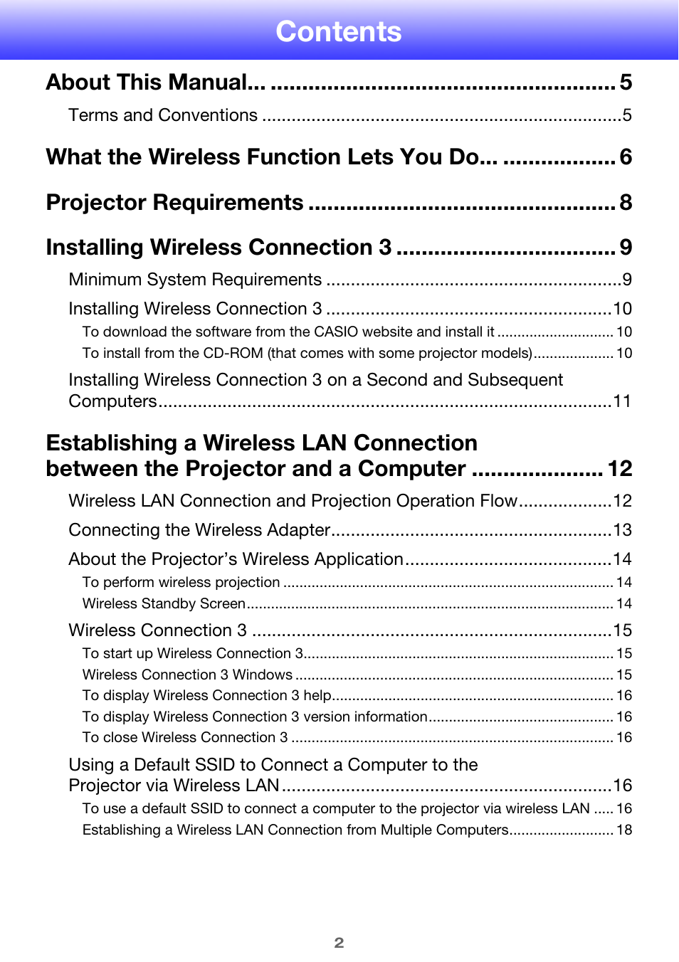 Casio XJ-H2650 Wireless Function Guide User Manual | Page 2 / 48