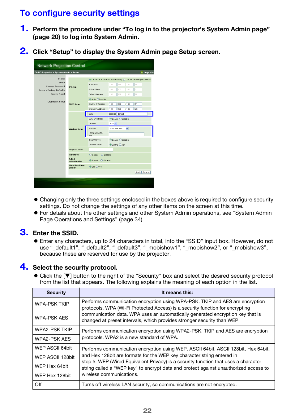To configure security settings | Casio XJ-H2650 Wireless Function Guide User Manual | Page 22 / 48