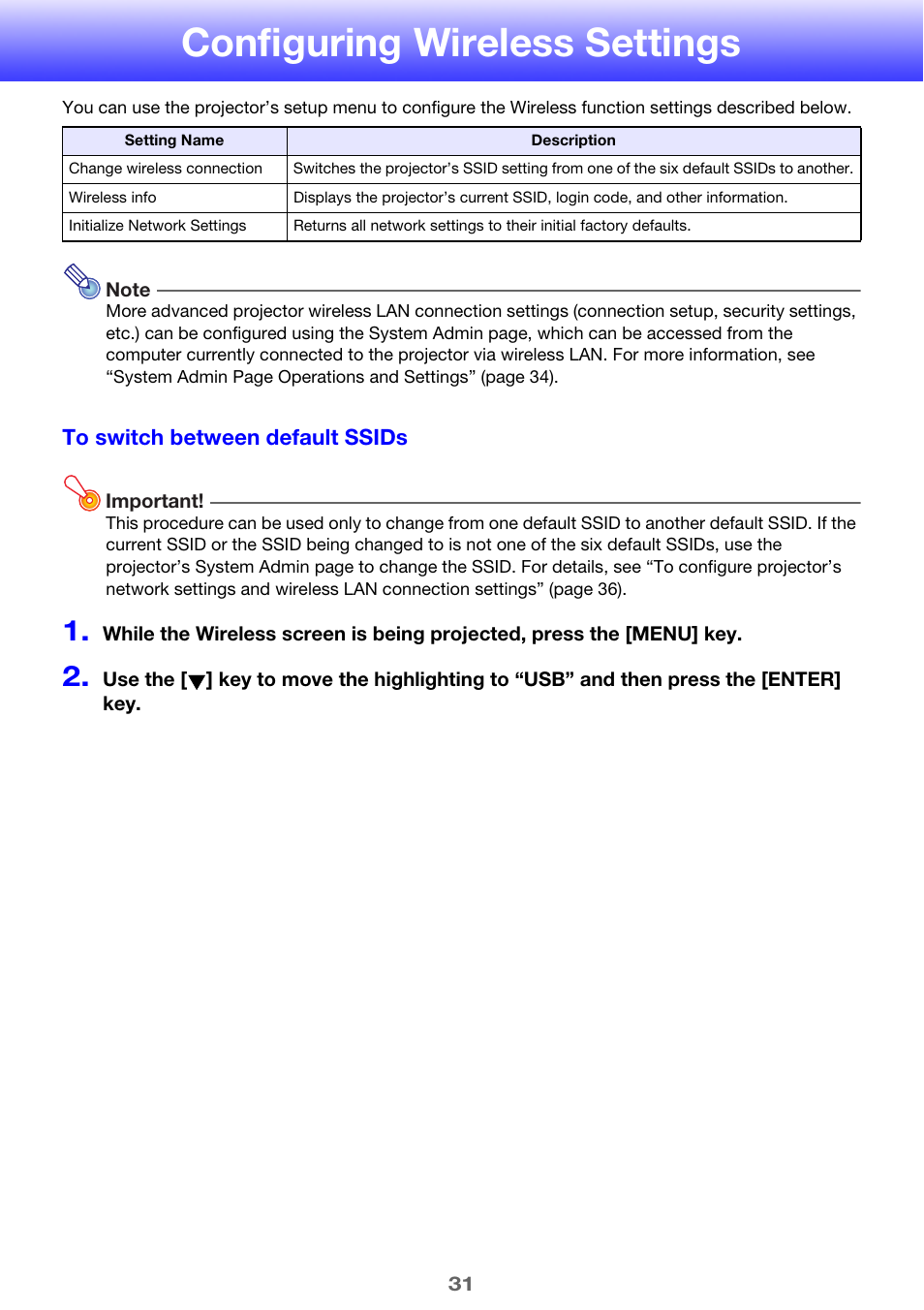 Configuring wireless settings | Casio XJ-H2650 Wireless Function Guide User Manual | Page 31 / 48