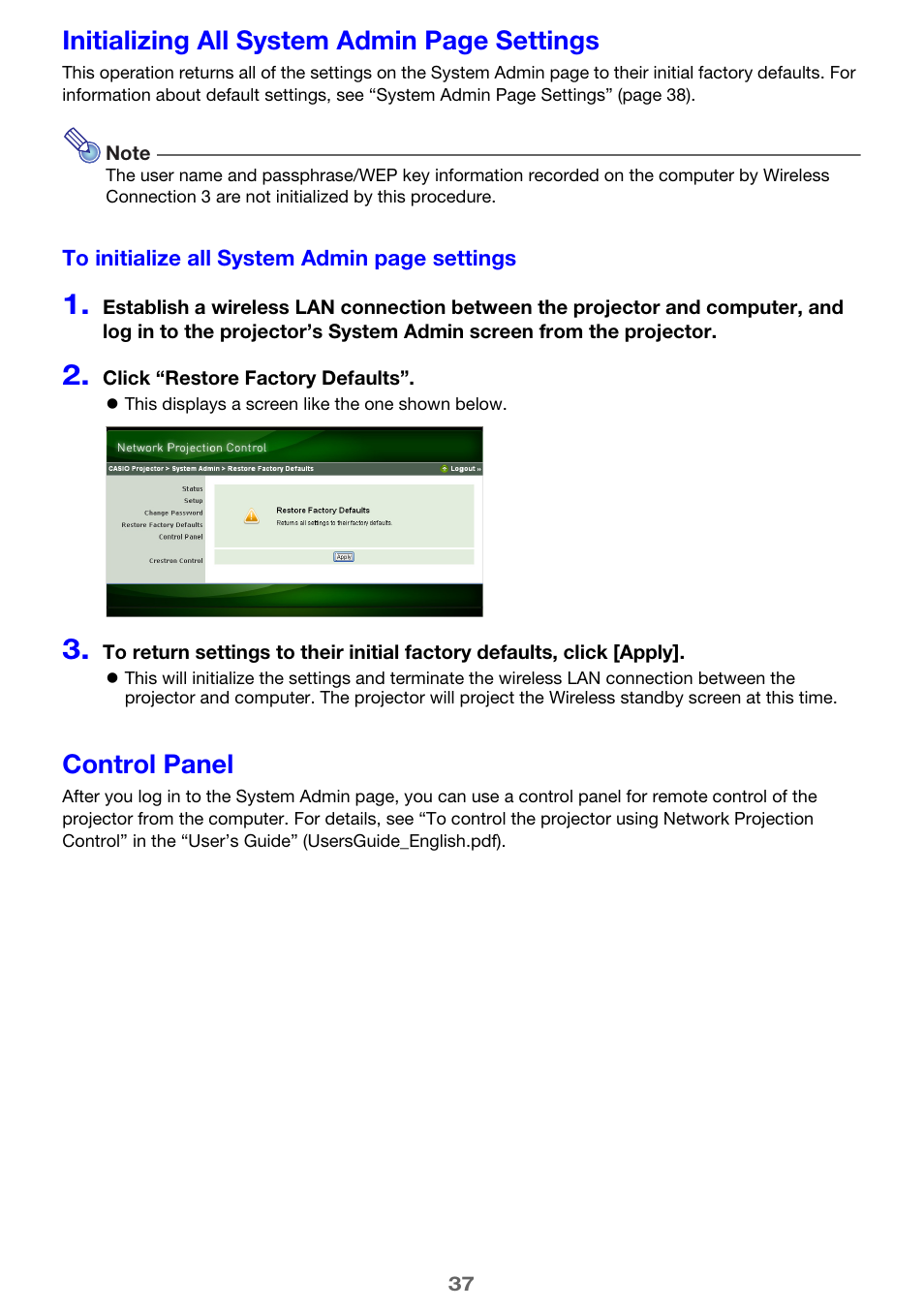 Control panel, Initializing all system admin page settings | Casio XJ-H2650 Wireless Function Guide User Manual | Page 37 / 48