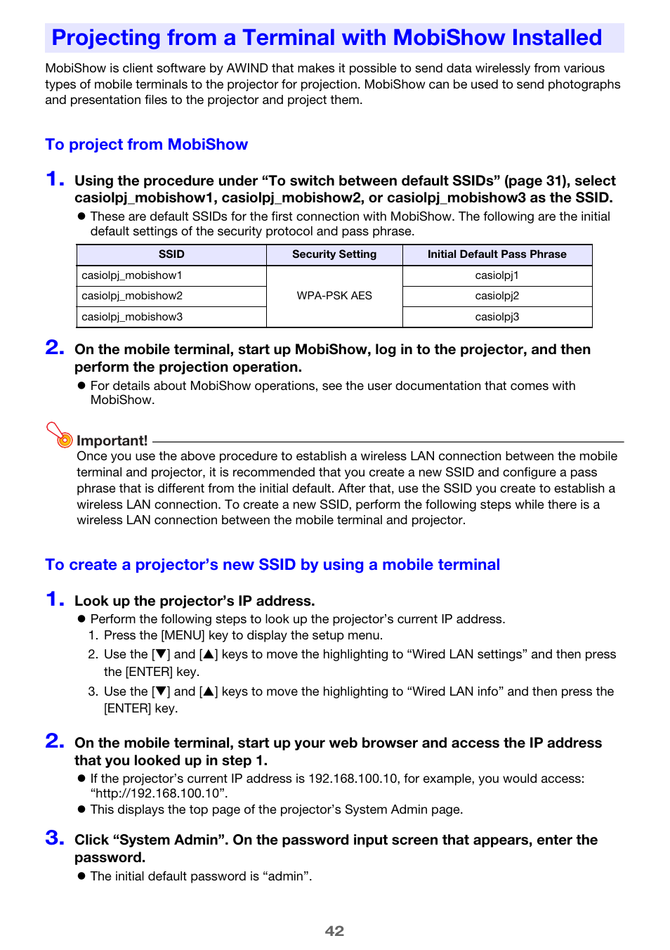 Projecting from a terminal with mobishow installed | Casio XJ-H2650 Wireless Function Guide User Manual | Page 42 / 48