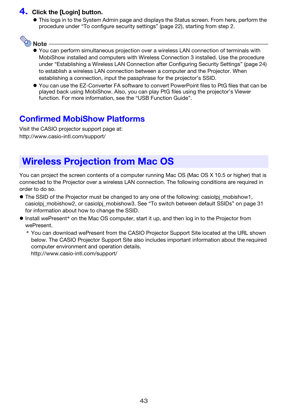 Confirmed mobishow platforms, Wireless projection from mac os | Casio XJ-H2650 Wireless Function Guide User Manual | Page 43 / 48