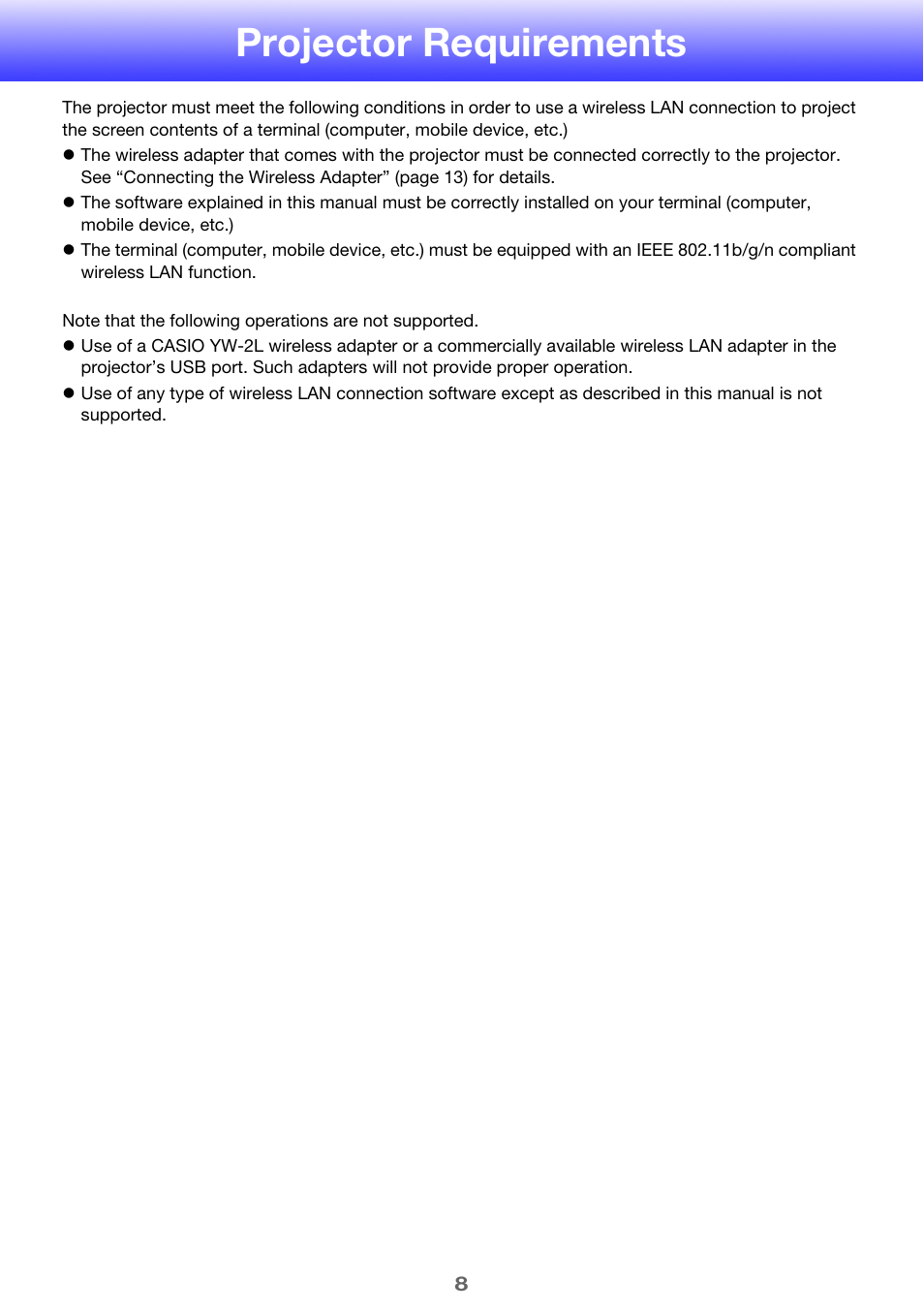 Projector requirements | Casio XJ-H2650 Wireless Function Guide User Manual | Page 8 / 48