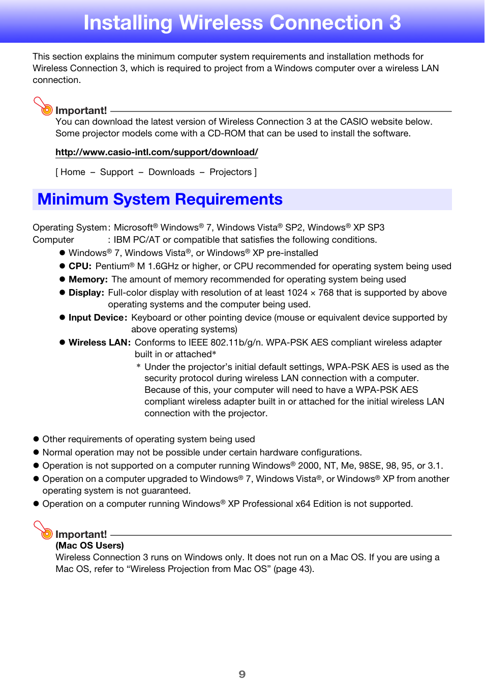 Installing wireless connection 3, Minimum system requirements | Casio XJ-H2650 Wireless Function Guide User Manual | Page 9 / 48