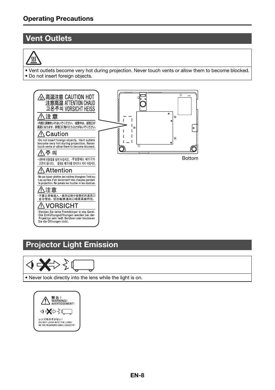 Vent outlets, Projector light emission | Casio XJ-M141 Setup Guide User Manual | Page 10 / 22