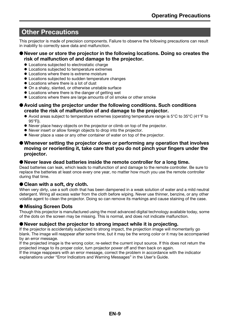 Other precautions | Casio XJ-M141 Setup Guide User Manual | Page 11 / 22