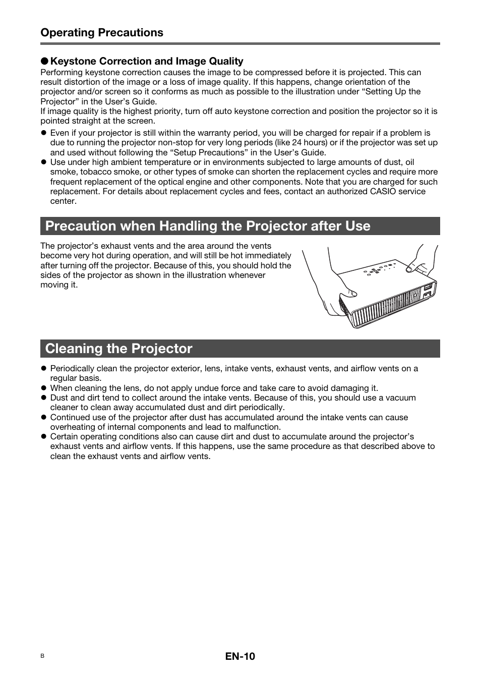 Operating precautions | Casio XJ-M141 Setup Guide User Manual | Page 12 / 22