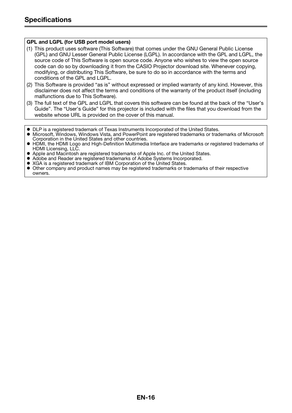 Specifications, En-16 | Casio XJ-M141 Setup Guide User Manual | Page 18 / 22