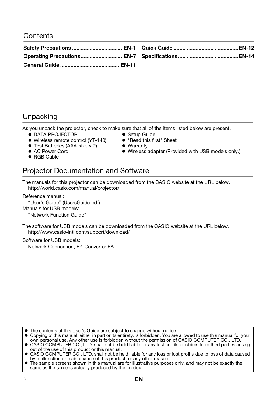 Contents unpacking, Projector documentation and software | Casio XJ-M141 Setup Guide User Manual | Page 2 / 22