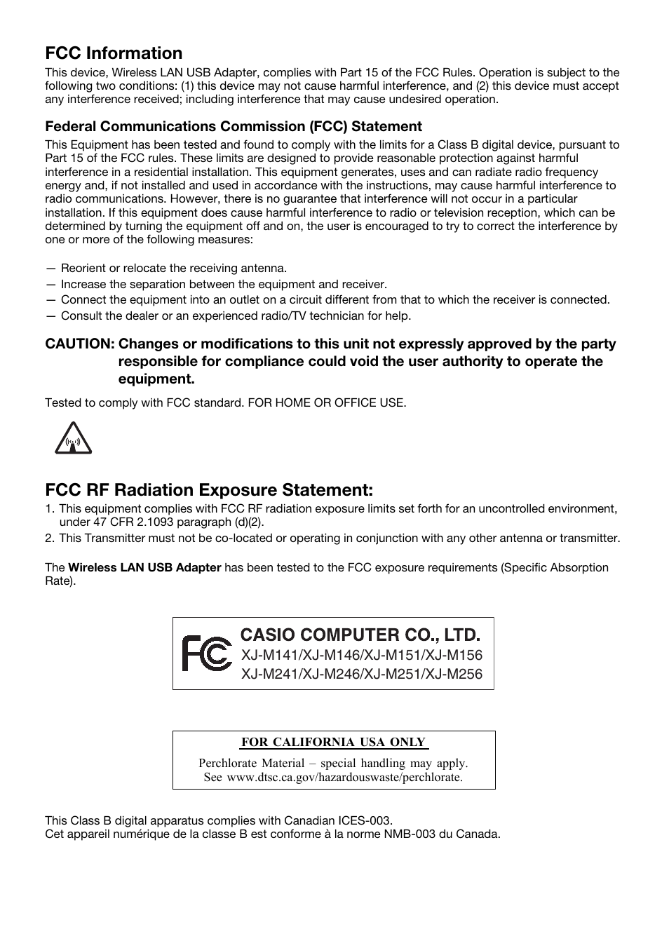 Fcc information, Fcc rf radiation exposure statement | Casio XJ-M141 Setup Guide User Manual | Page 20 / 22