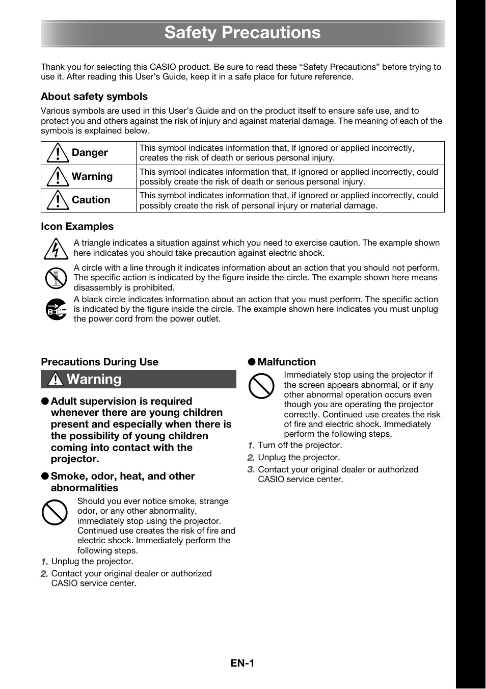 Safety precautions | Casio XJ-M141 Setup Guide User Manual | Page 3 / 22