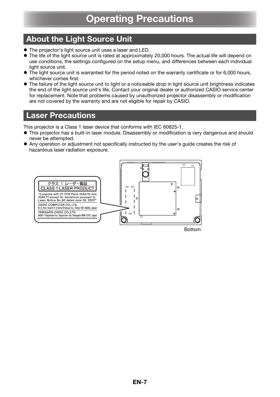 Operating precautions, About the light source unit laser precautions | Casio XJ-M141 Setup Guide User Manual | Page 9 / 22