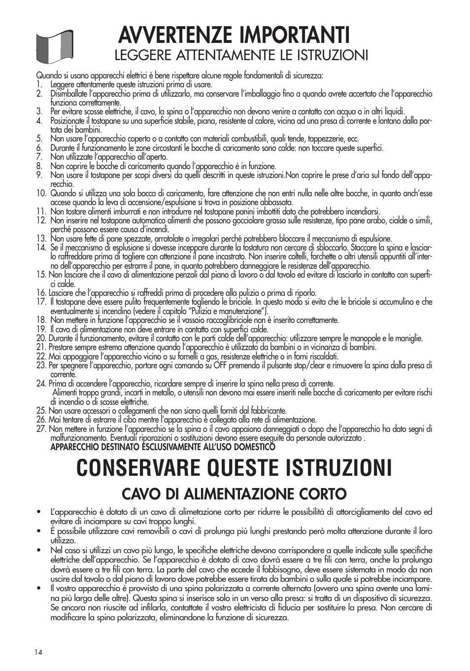 Avvertenze importanti conservare queste istruzioni, Cavo di alimentazione corto, Leggere attentamente le istruzioni | DeLonghi CTH4003B User Manual | Page 14 / 16