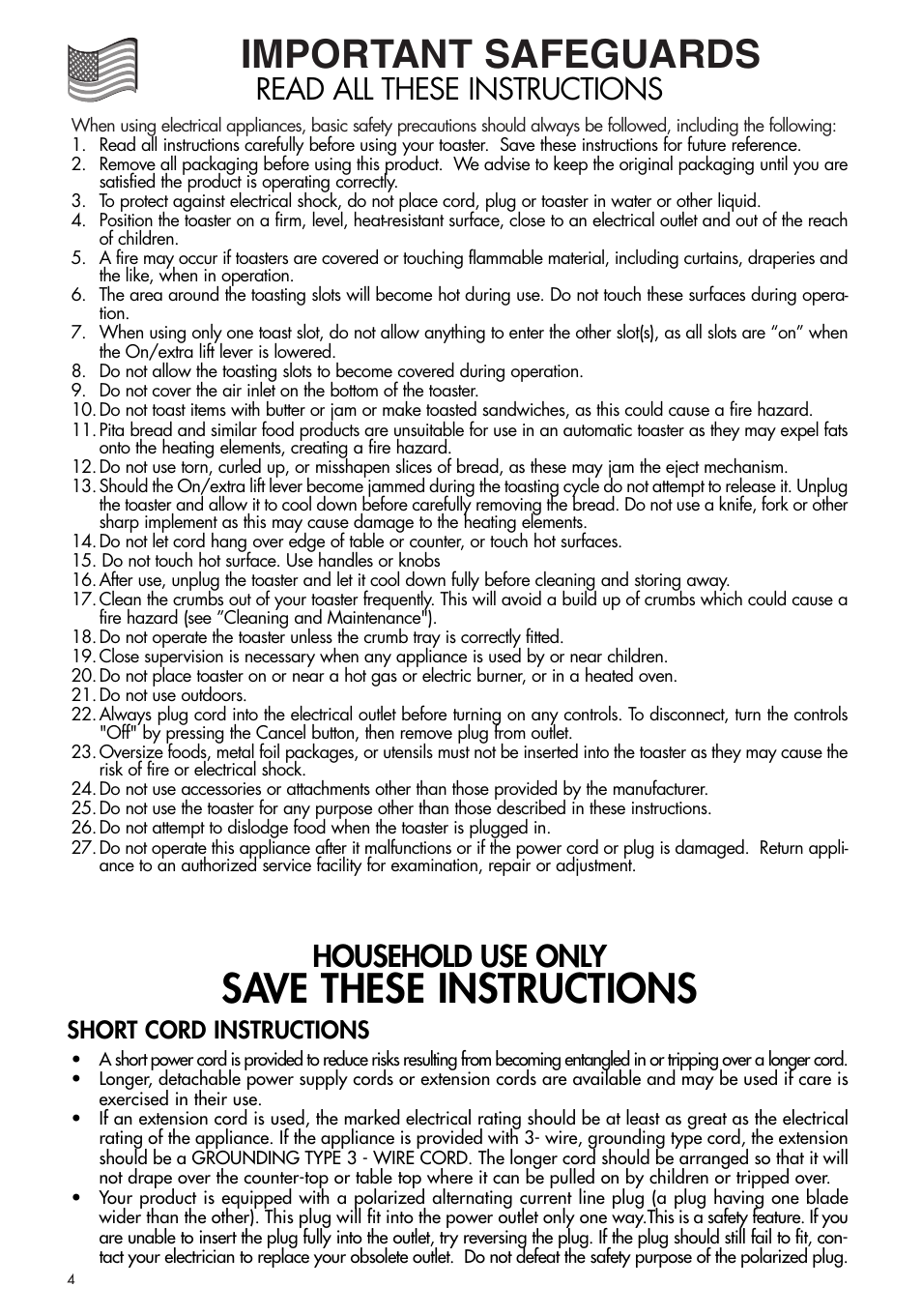 Important safeguards, Save these instructions, Household use only | Read all these instructions, Short cord instructions | DeLonghi CTH4003B User Manual | Page 4 / 16