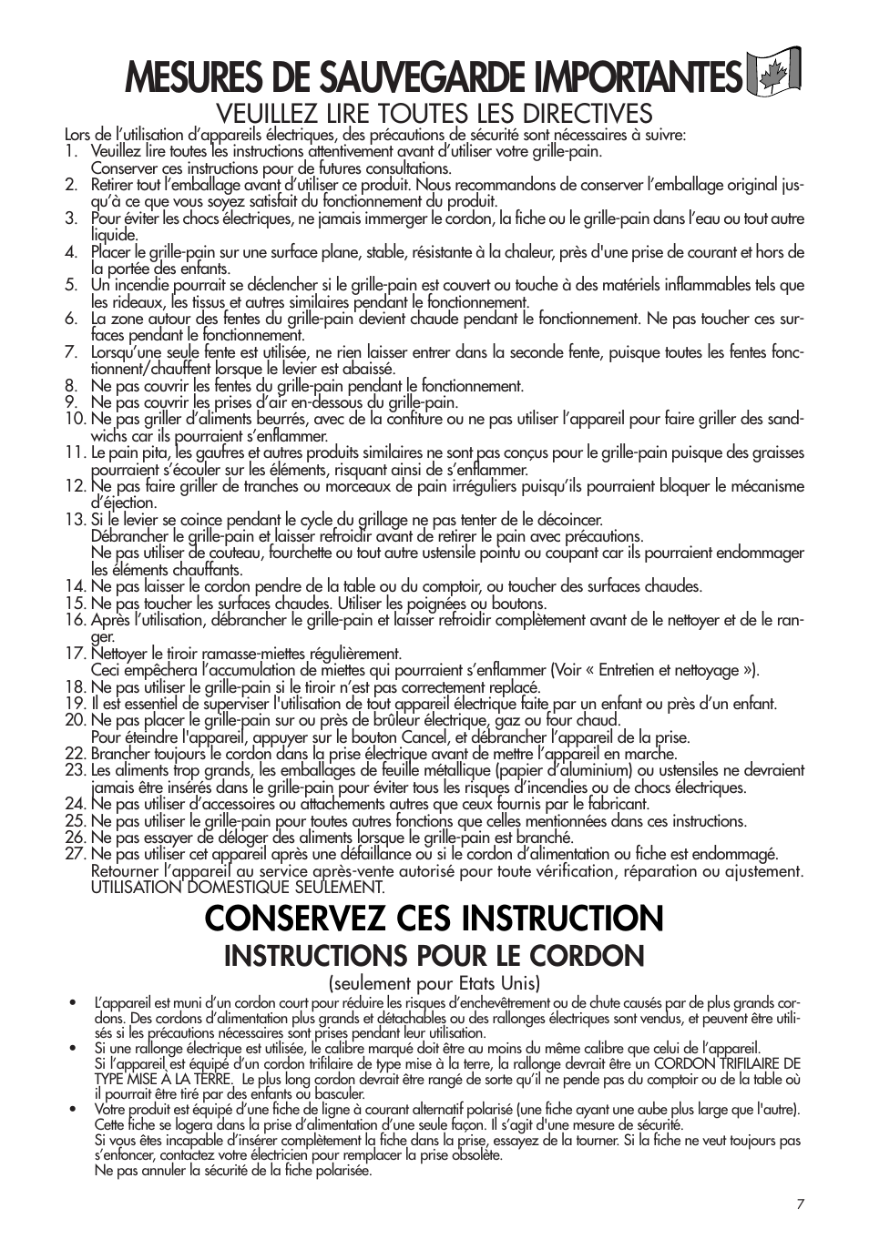 Mesures de sauvegarde importantes, Conservez ces instruction, Instructions pour le cordon | Veuillez lire toutes les directives | DeLonghi CTH4003B User Manual | Page 7 / 16