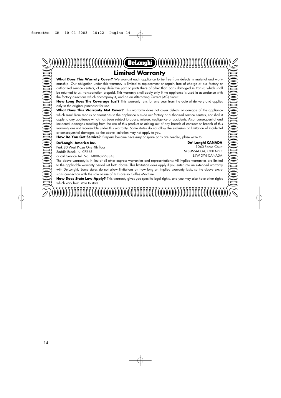 Limited warranty | DeLonghi AR690 User Manual | Page 14 / 14