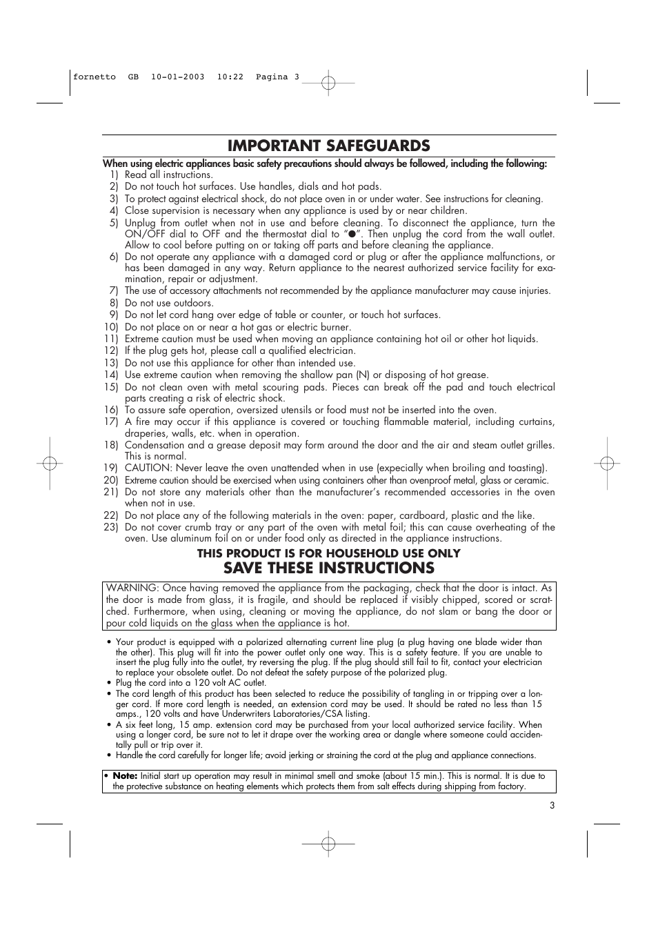 Important safeguards, Save these instructions | DeLonghi AR690 User Manual | Page 3 / 14