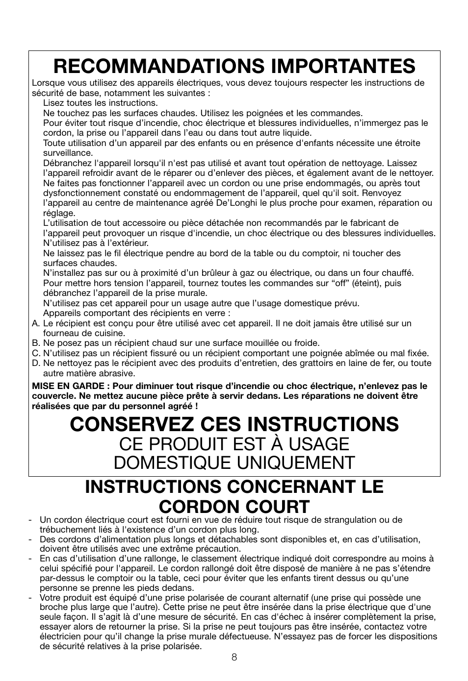 Recommandations importantes, Conservez ces instructions | DeLonghi EC460 User Manual | Page 10 / 30