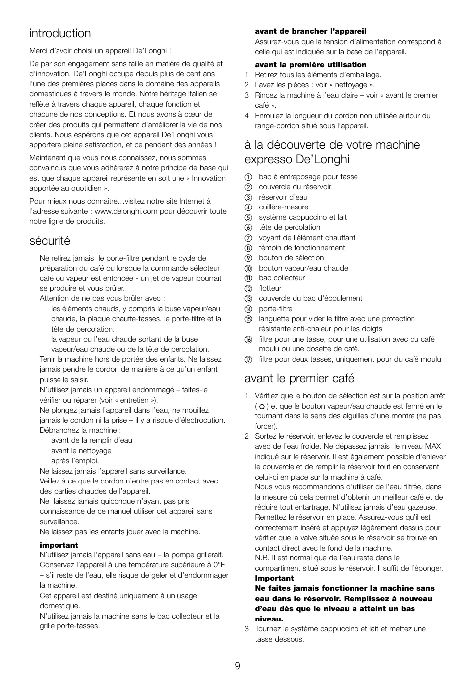 Introduction, Sécurité, Avant le premier café | DeLonghi EC460 User Manual | Page 11 / 30