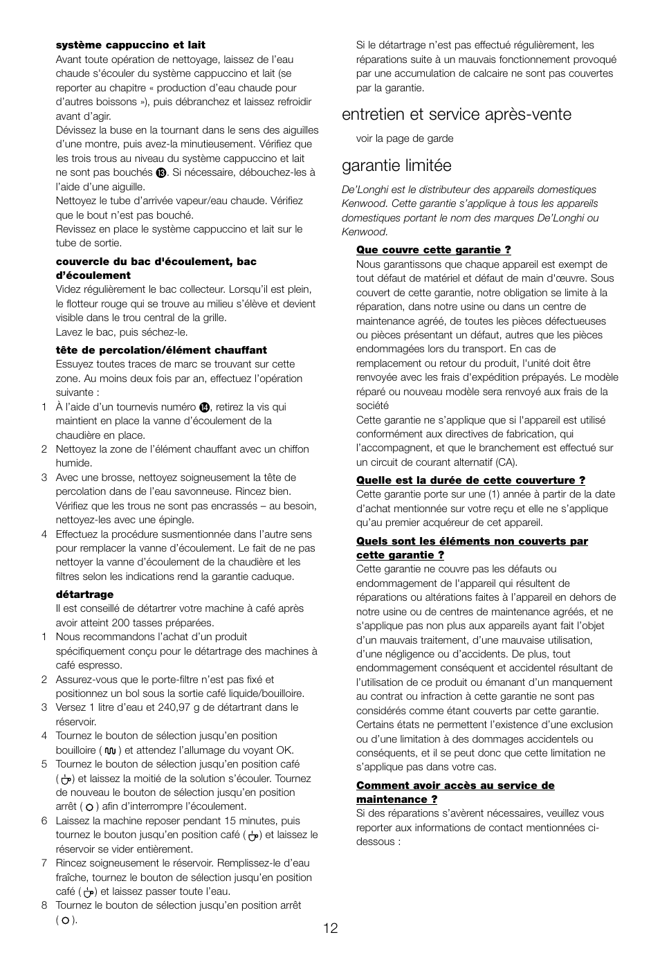 Entretien et service après-vente, Garantie limitée | DeLonghi EC460 User Manual | Page 14 / 30