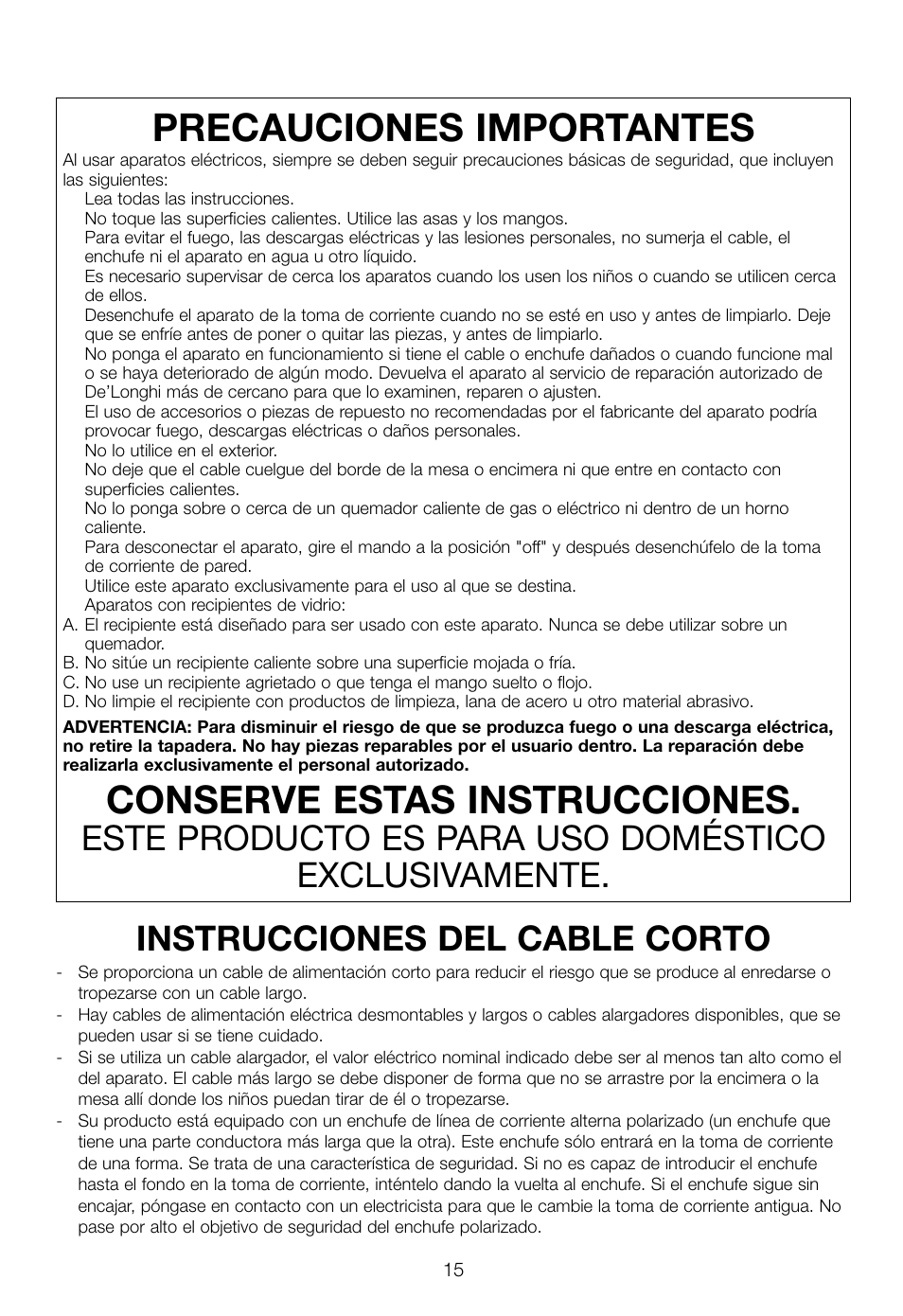 Precauciones importantes, Conserve estas instrucciones | DeLonghi EC460 User Manual | Page 17 / 30