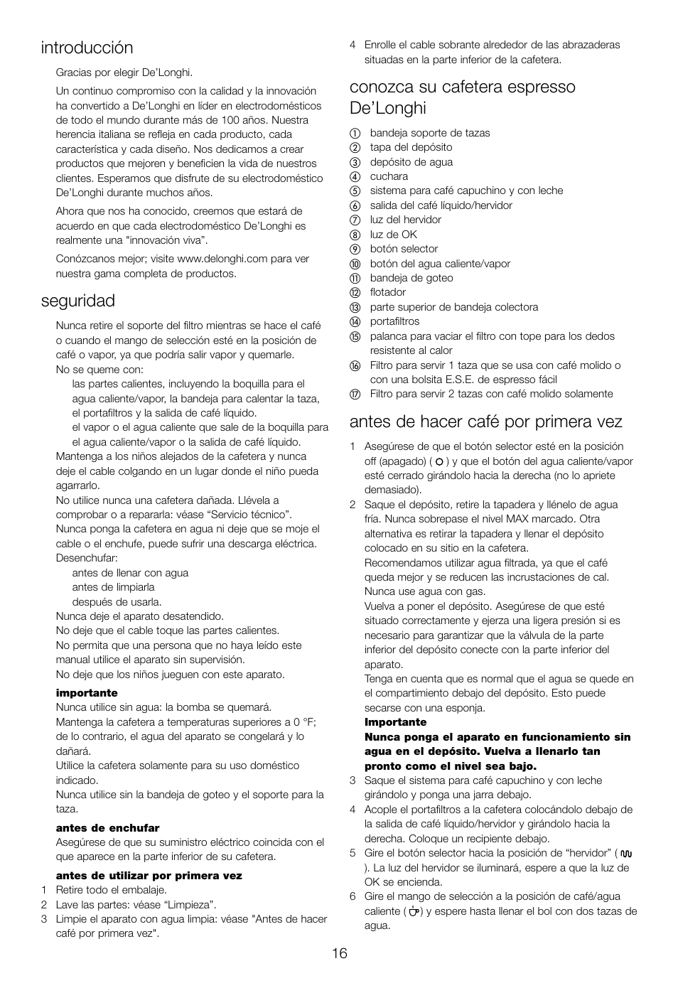 Introducción, Seguridad, Conozca su cafetera espresso de’longhi | Antes de hacer café por primera vez | DeLonghi EC460 User Manual | Page 18 / 30
