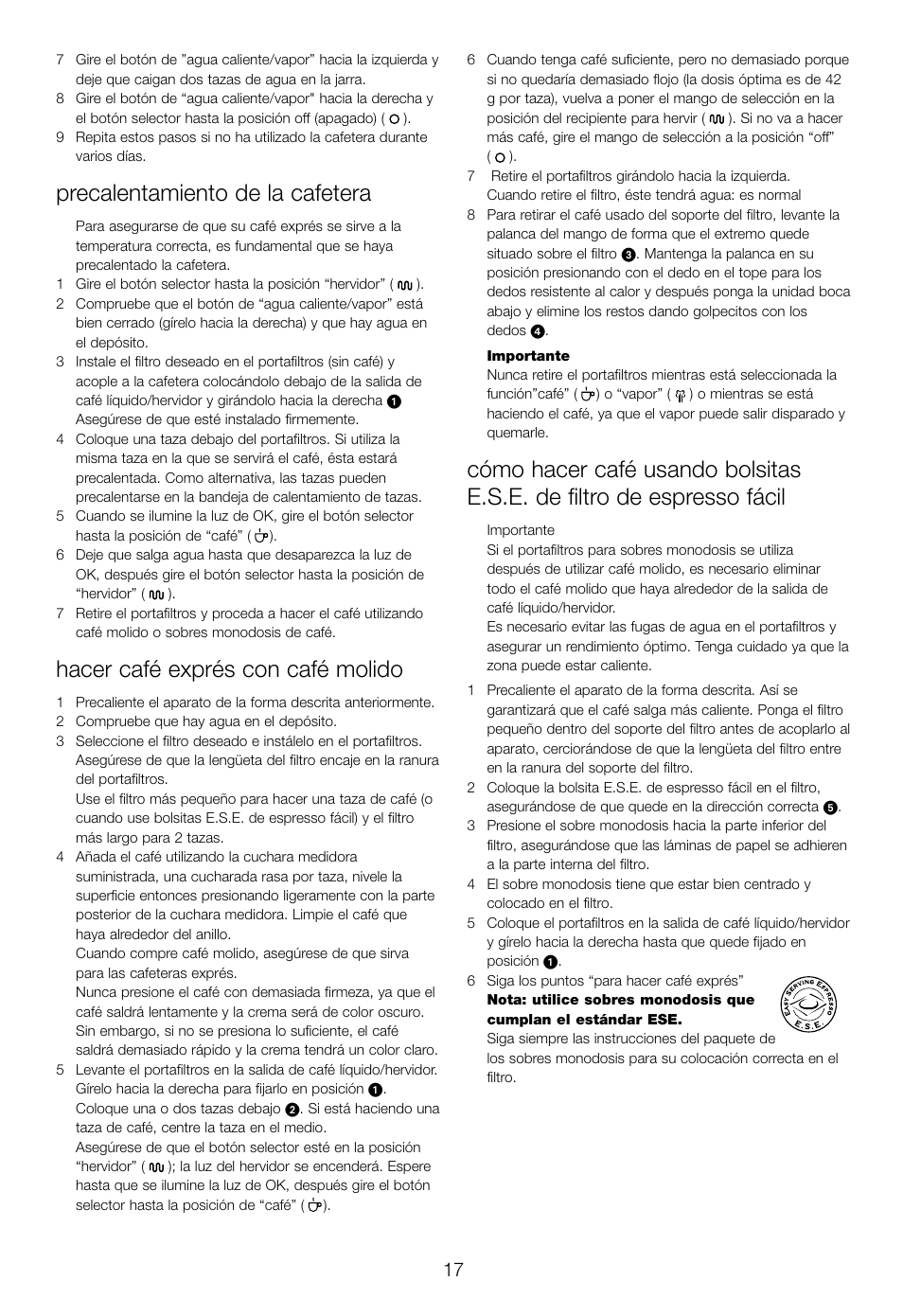 Precalentamiento de la cafetera, Hacer café exprés con café molido | DeLonghi EC460 User Manual | Page 19 / 30