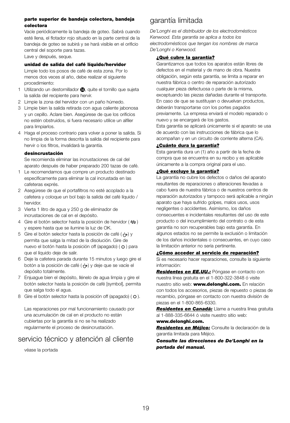 Servicio técnico y atención al cliente, Garantía limitada | DeLonghi EC460 User Manual | Page 21 / 30