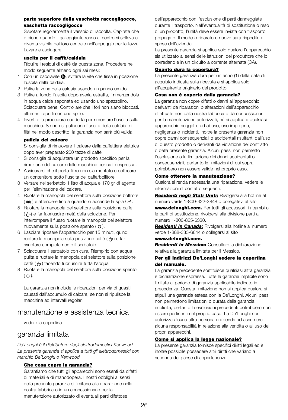 Manutenzione e assistenza tecnica, Garanzia limitata | DeLonghi EC460 User Manual | Page 28 / 30