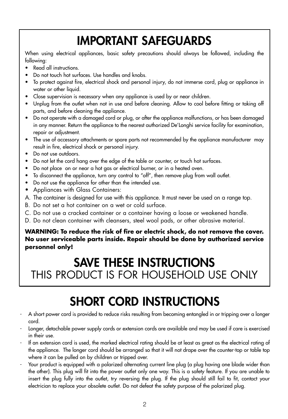 Important safeguards, Save these instructions, Short cord instructions | This product is for household use only | DeLonghi EC460 User Manual | Page 4 / 30