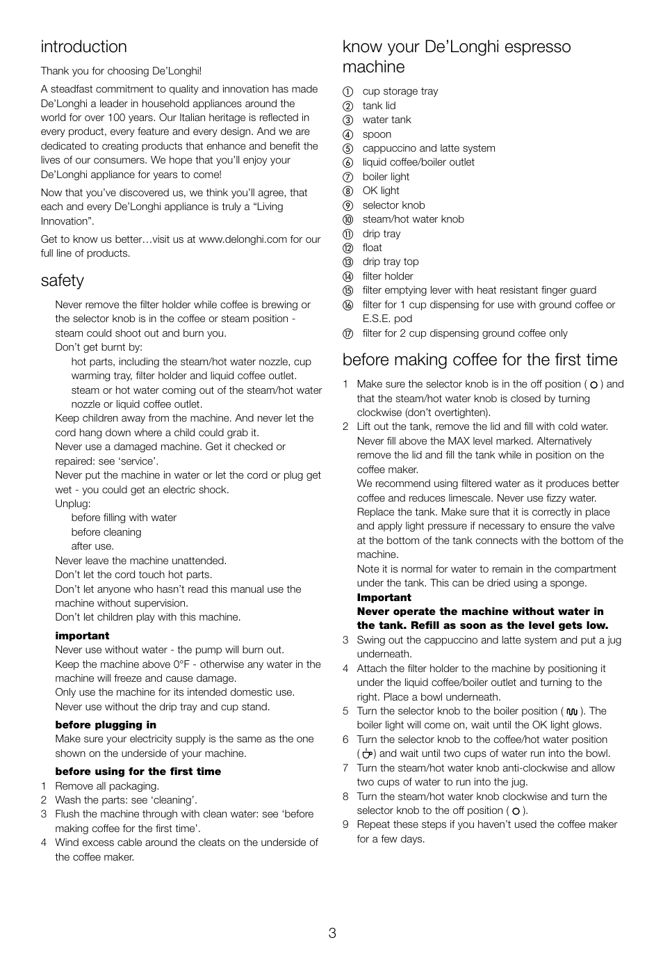 Introduction, Safety, Know your de’longhi espresso machine | Before making coffee for the first time | DeLonghi EC460 User Manual | Page 5 / 30