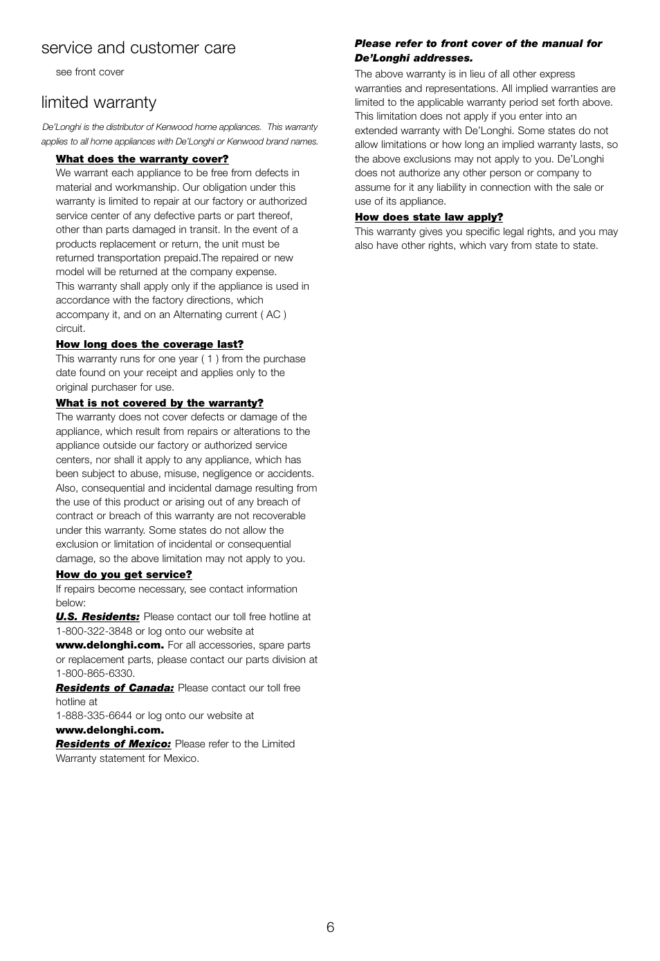 Service and customer care, Limited warranty | DeLonghi EC460 User Manual | Page 8 / 30