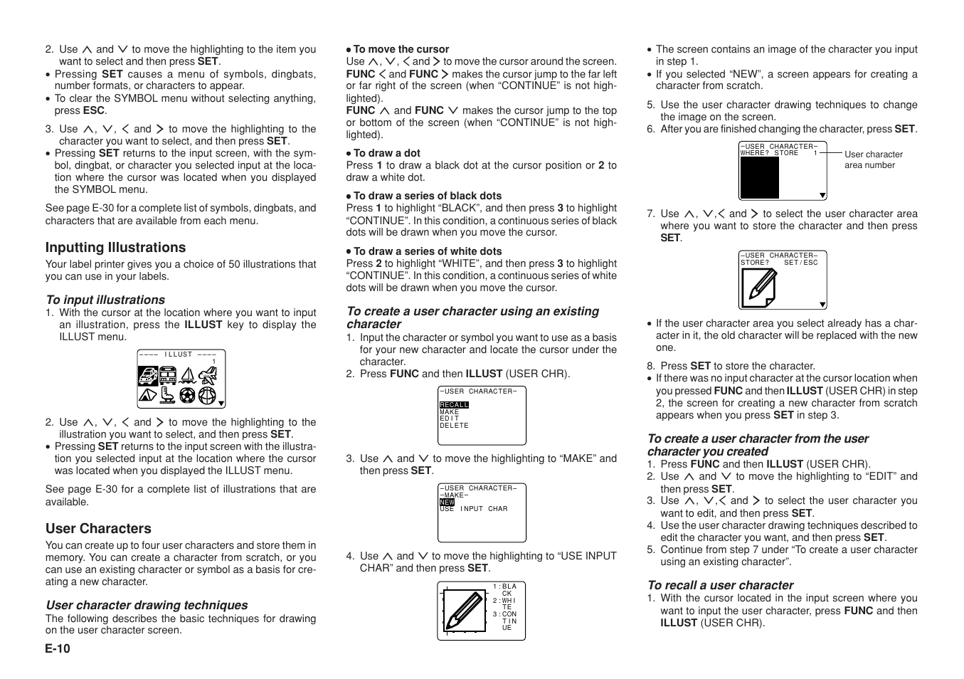 Inputting illustrations, User characters, E-10 | User character drawing techniques | Casio KL-8200 User Manual | Page 11 / 36