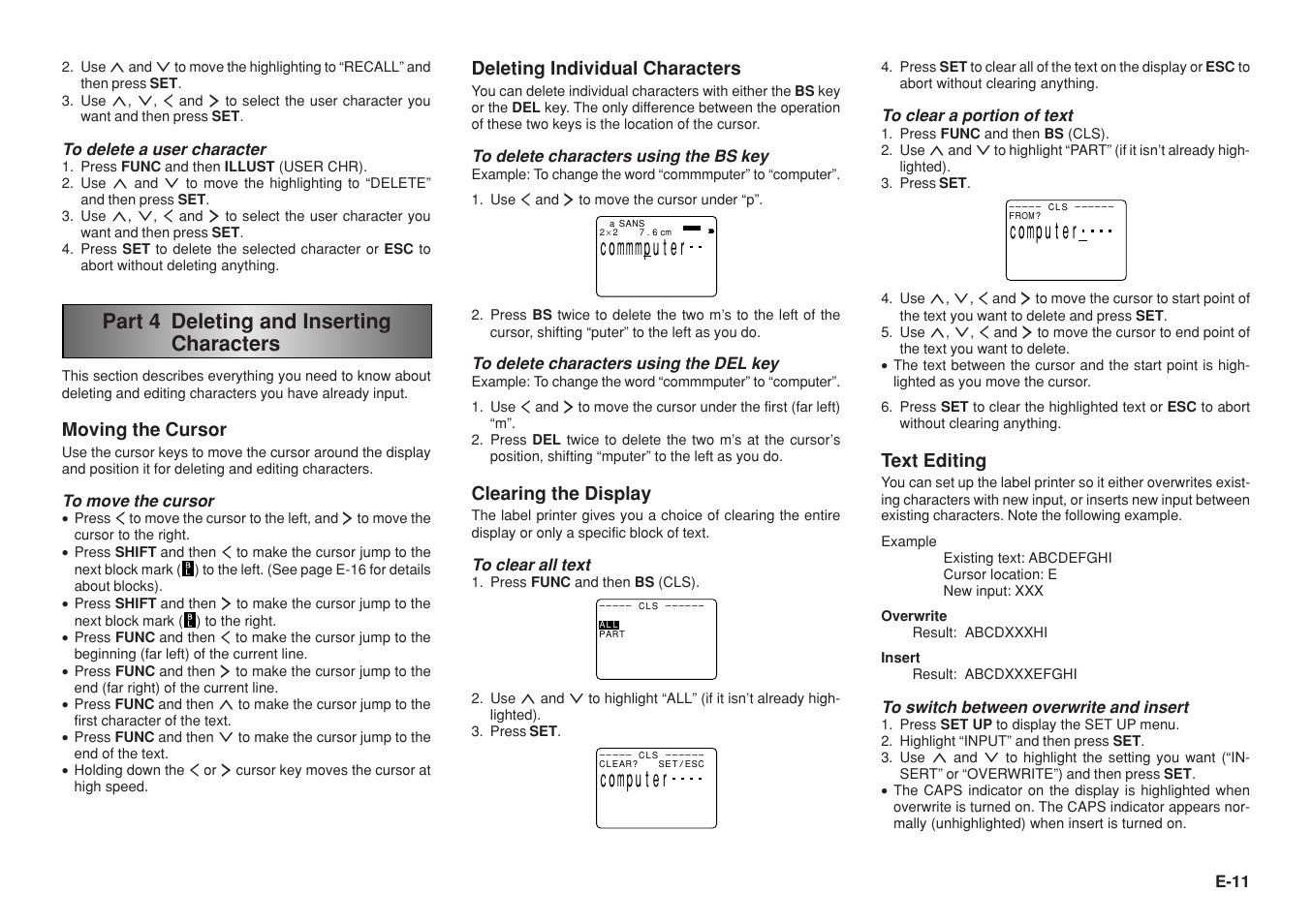 Part 4 deleting and inserting characters, Moving the cursor, Deleting individual characters | Clearing the display, Text editing, E-11 | Casio KL-8200 User Manual | Page 12 / 36