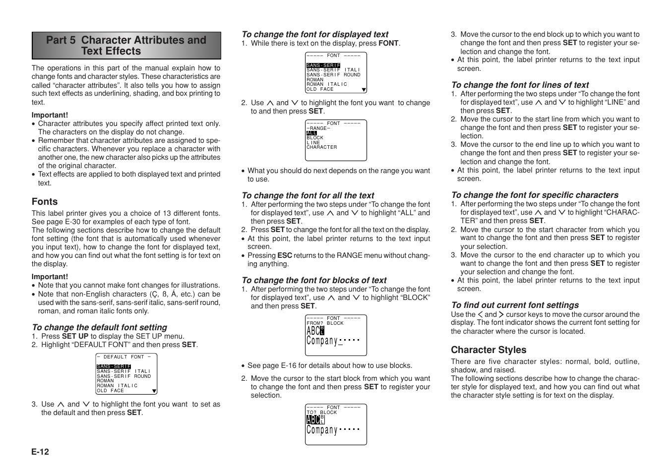 Part 5 character attributes and text effects, Fonts, Character styles | E-12 | Casio KL-8200 User Manual | Page 13 / 36
