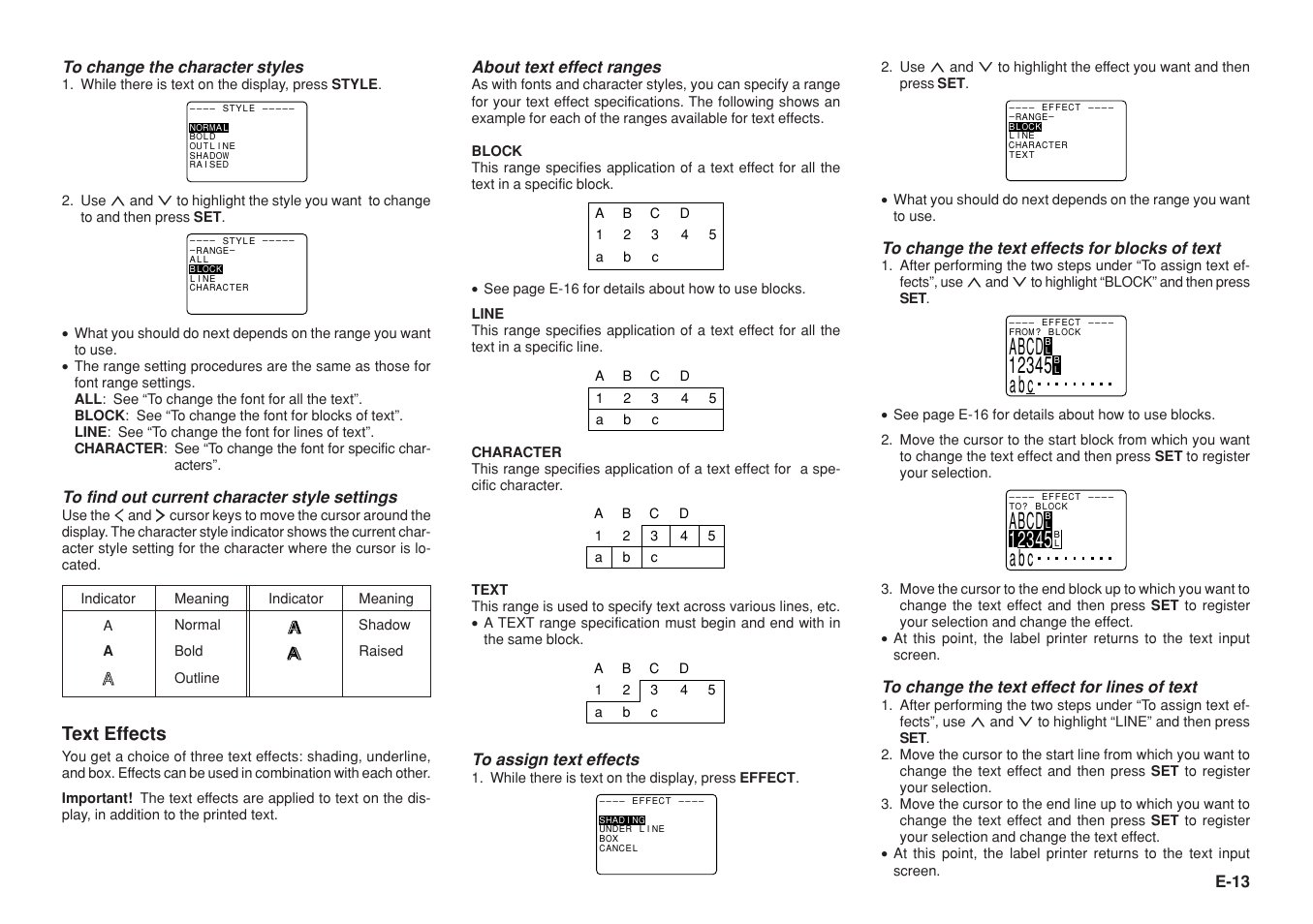Text effects, E-13 to change the character styles, About text effect ranges | Casio KL-8200 User Manual | Page 14 / 36