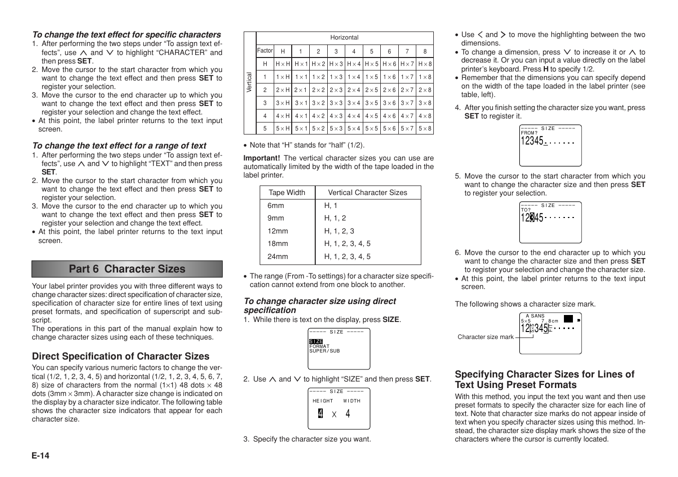 Part 6 character sizes, Direct specification of character sizes | Casio KL-8200 User Manual | Page 15 / 36