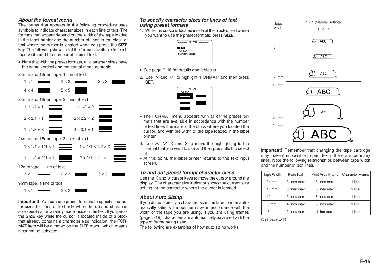 E-15 about the format menu, About auto sizing | Casio KL-8200 User Manual | Page 16 / 36