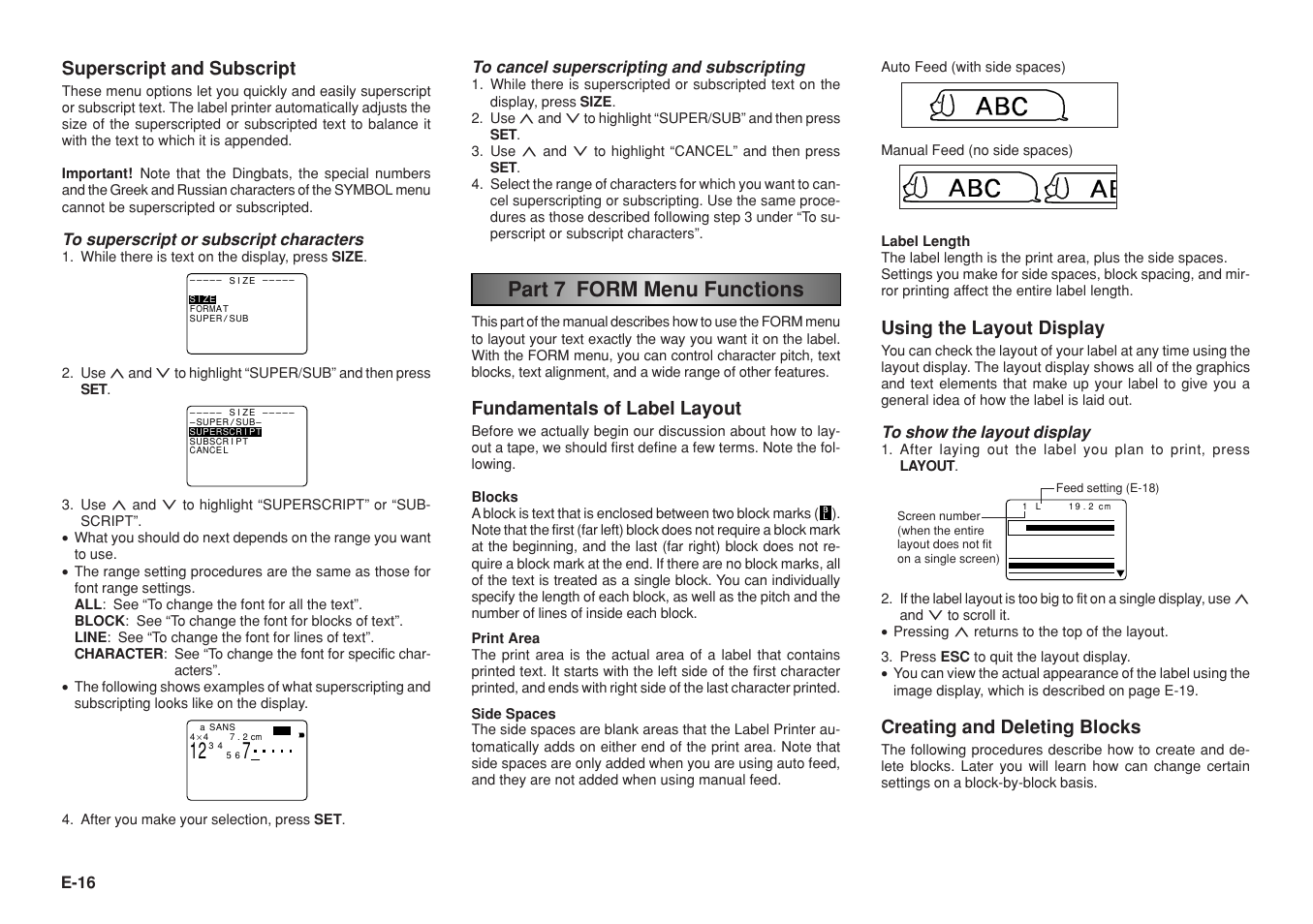 Part 7 form menu functions, Fundamentals of label layout, Using the layout display | Creating and deleting blocks, Superscript and subscript, E-16 to cancel superscripting and subscripting | Casio KL-8200 User Manual | Page 17 / 36