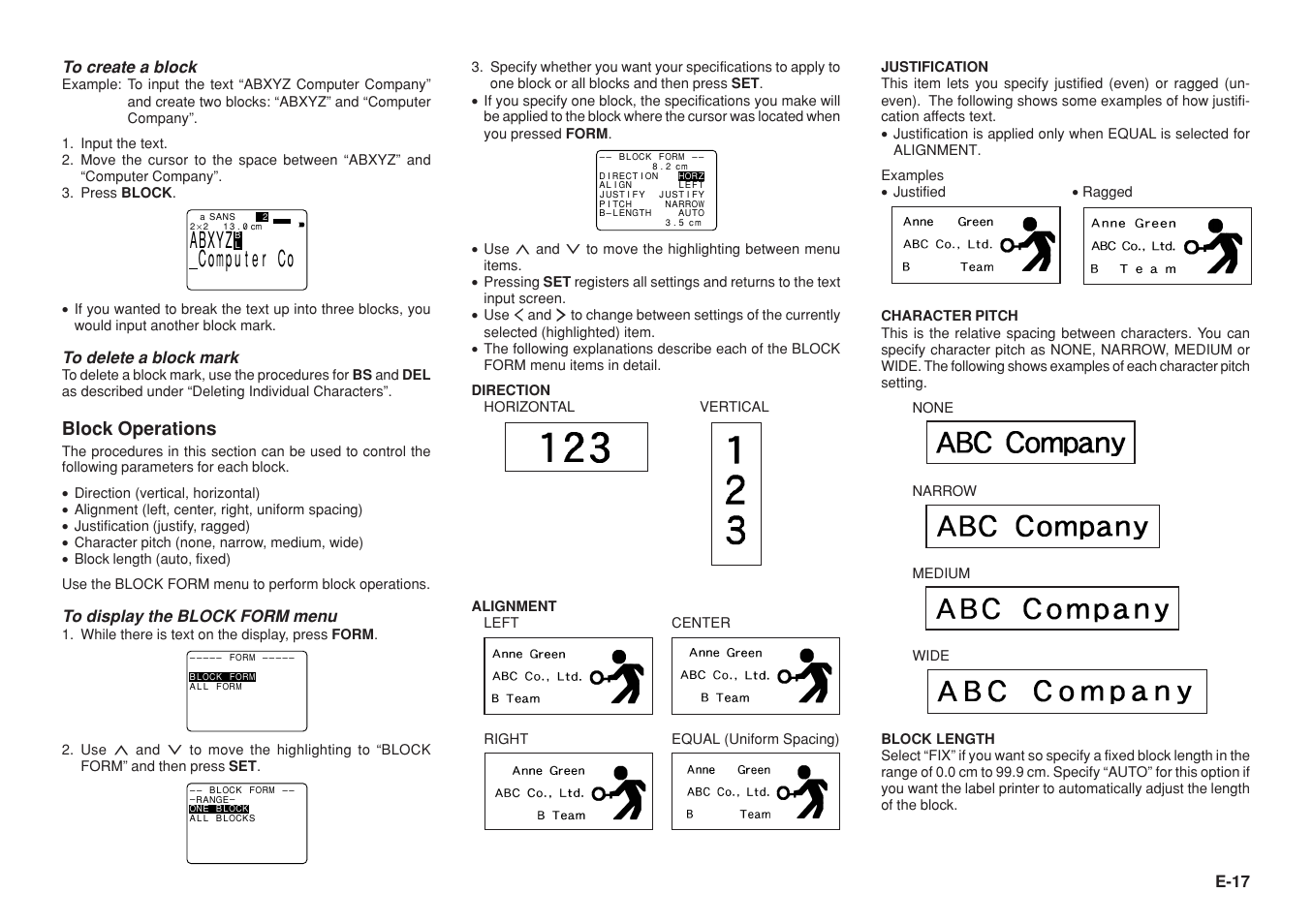 Block operations, E-17 to create a block | Casio KL-8200 User Manual | Page 18 / 36