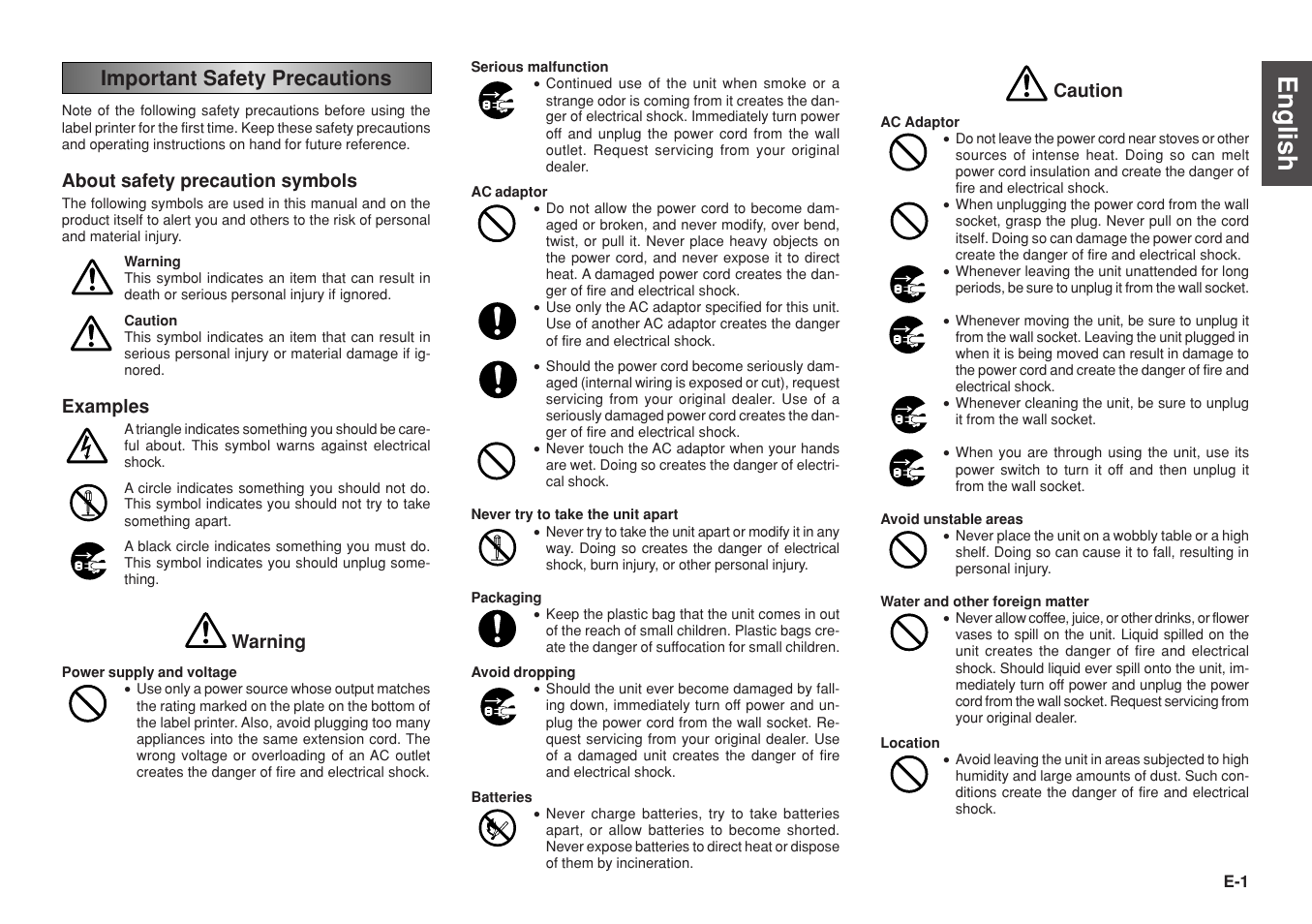 English, Important safety precautions, About safety precaution symbols | Examples, Warning, Caution | Casio KL-8200 User Manual | Page 2 / 36