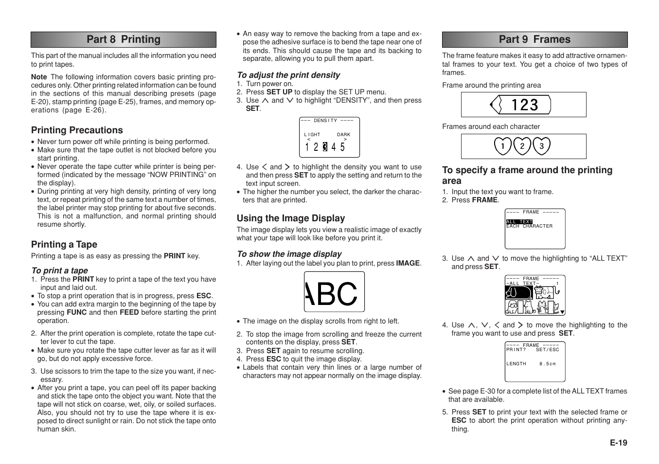 Part 8 printing, Part 9 frames, Printing precautions | Printing a tape, Using the image display, E-19 | Casio KL-8200 User Manual | Page 20 / 36