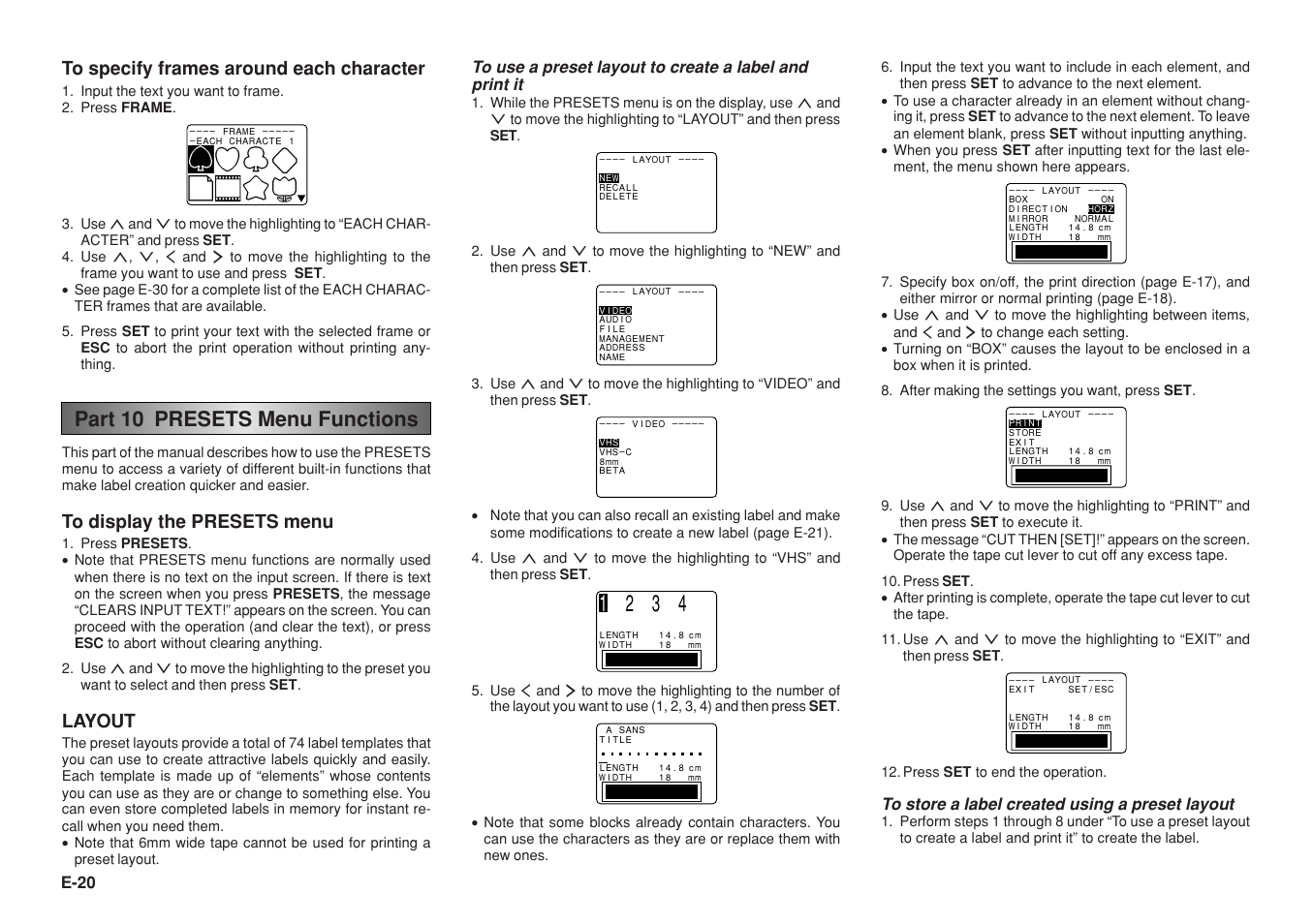Part 10 presets menu functions, Layout, E-20 | Input the text you want to frame. 2. press frame, Press set to end the operation | Casio KL-8200 User Manual | Page 21 / 36