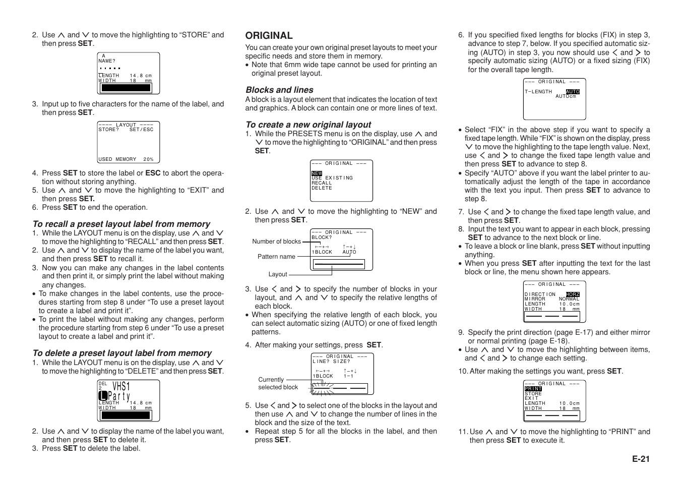 Original, E-21, Blocks and lines | Casio KL-8200 User Manual | Page 22 / 36