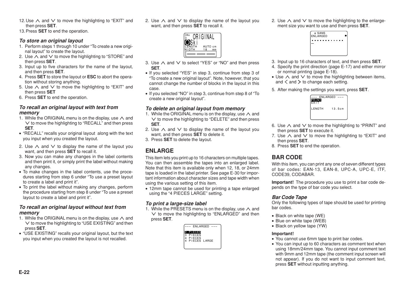 Enlarge, Bar code, E-22 | Bar code tape | Casio KL-8200 User Manual | Page 23 / 36