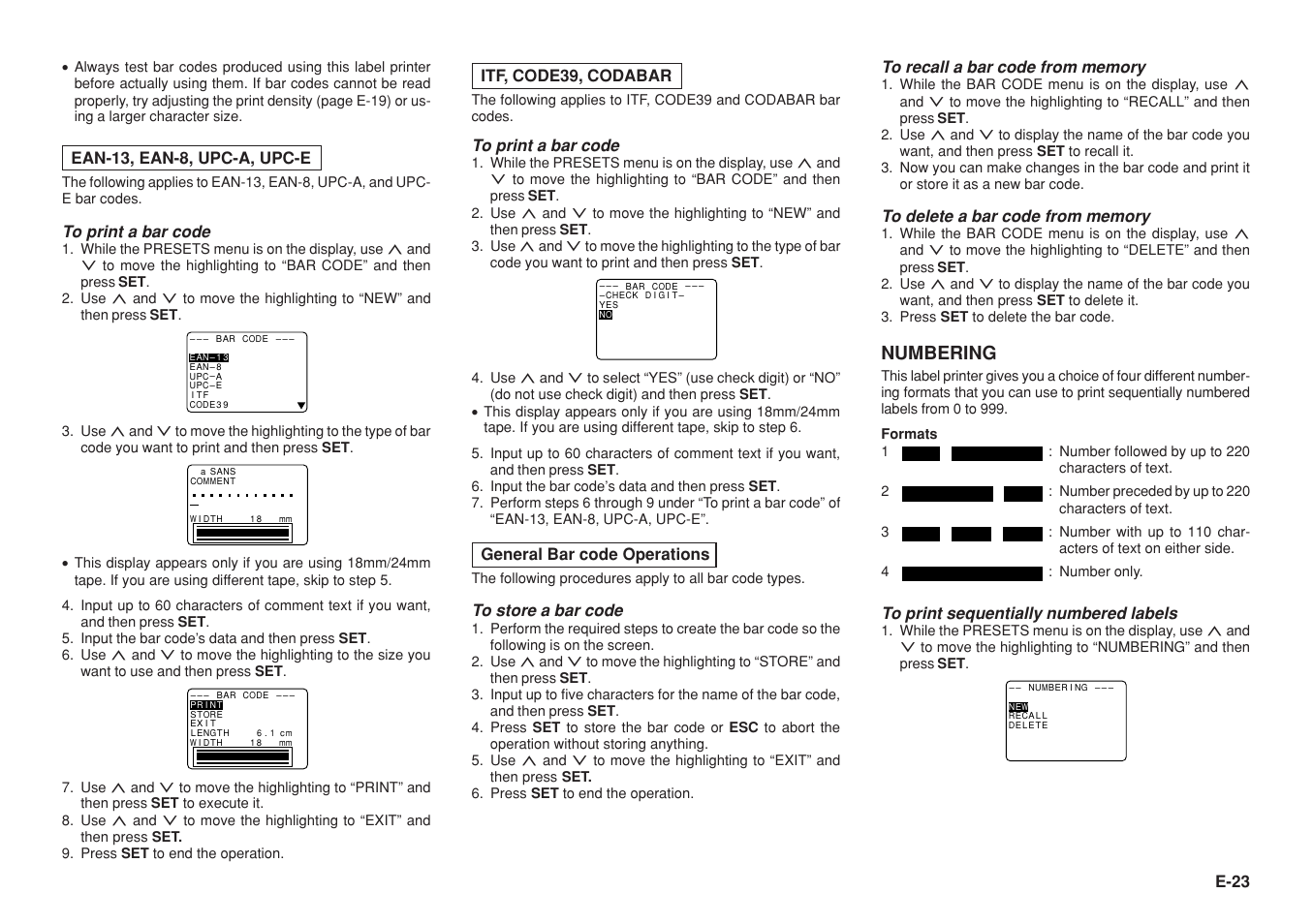 Numbering, E-23, Ean-13, ean-8, upc-a, upc-e | Itf, code39, codabar, General bar code operations | Casio KL-8200 User Manual | Page 24 / 36