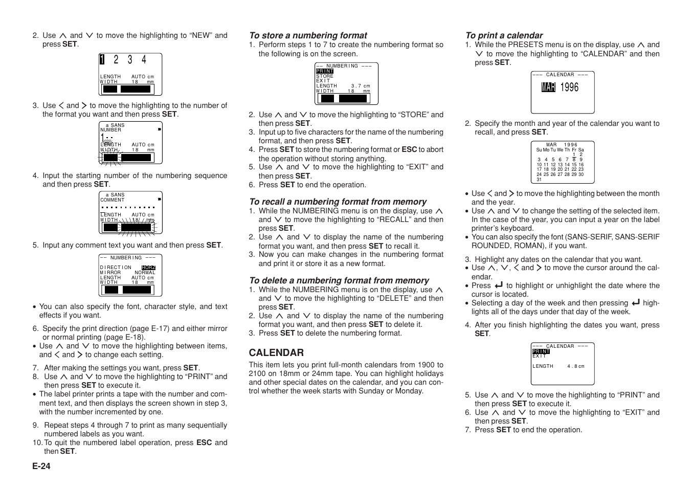 69 9 1 r a m, Calendar, E-24 | Casio KL-8200 User Manual | Page 25 / 36