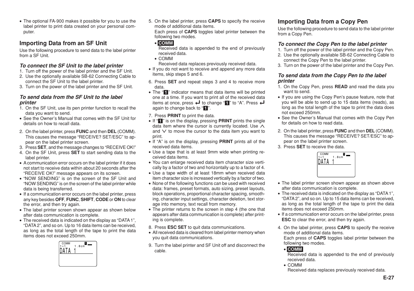 1a t a d, Importing data from an sf unit, Importing data from a copy pen | Casio KL-8200 User Manual | Page 28 / 36