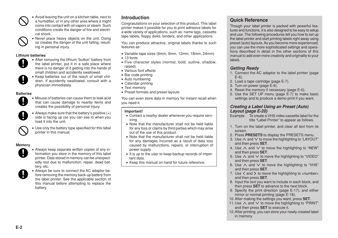 Introduction, Quick reference | Casio KL-8200 User Manual | Page 3 / 36