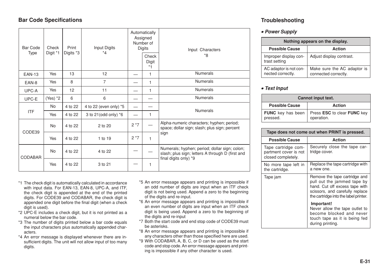 Bar code specifications, Troubleshooting | Casio KL-8200 User Manual | Page 32 / 36